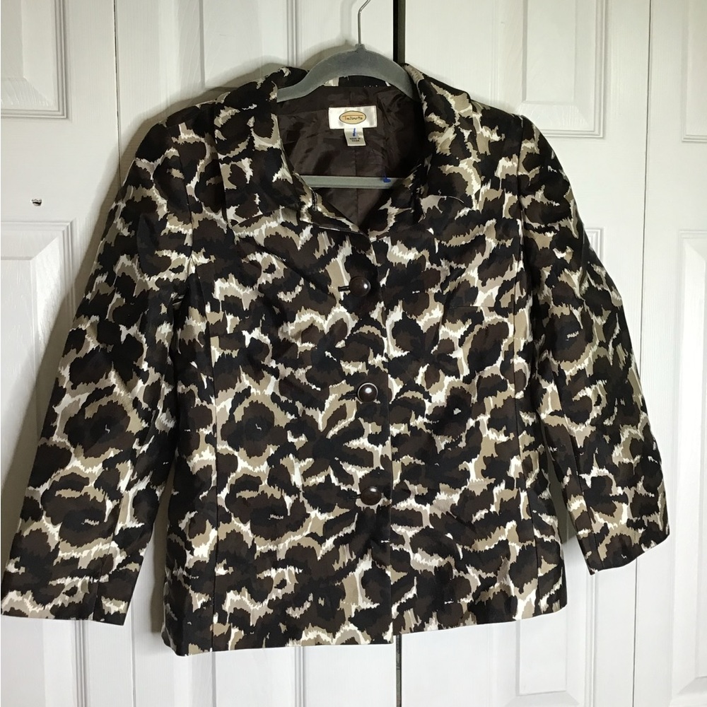 Talbots Woman Sz2 White Brown Cotton Floral Brocade 3/4 Sleeve Snap Jacket Vtg